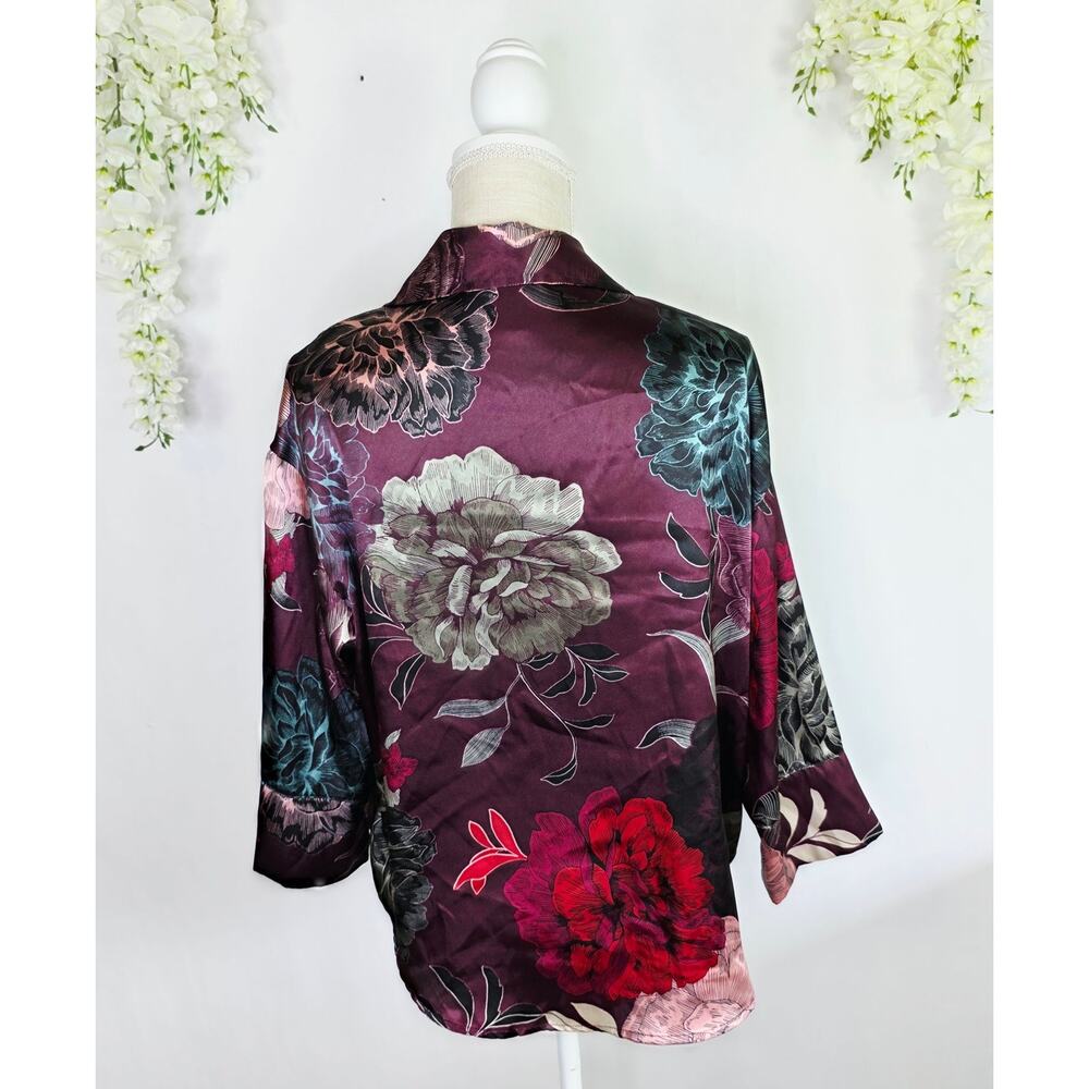Joyspun Satin Sleep Top Medium Burgundy Floral Button Front Romantic Cottagecore - Picture 4 of 15